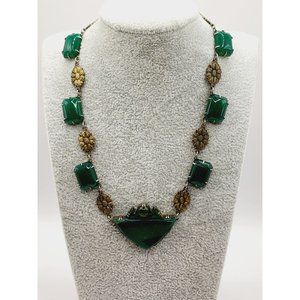 Antique Signed Germany Sterling Art Deco Chrysoprase Necklace (A469)